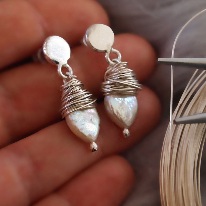 Bridal Jewelry Pearl Silver Pearl Drop Earrings Wire Wrapped Pearl Earrings
