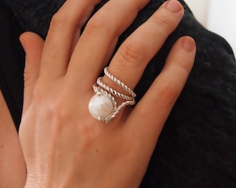 Large Pearl Ring, Silver Cocktail Jewelry