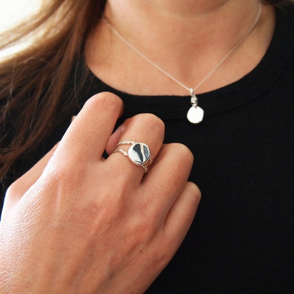 Ring and Necklace Set, Pure Silver Mirror Jewelry For Protection, Full Moon Adjustable Ring & Necklace
