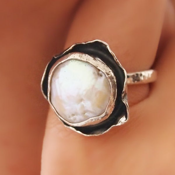 Coin Pearl Ring, Sterling Silver Bowl Ring, Bezel Set Freshwater Pearl, WildFlower , Handmade to Your Size