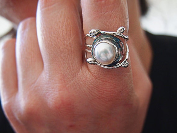 Diamond Swirl Pearl Ring 14K White Gold-hautamhiepplus.vn