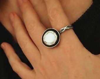 Oxidized Sterling Silver Pearl Ring: Asymmetrical Handmade Jewelry