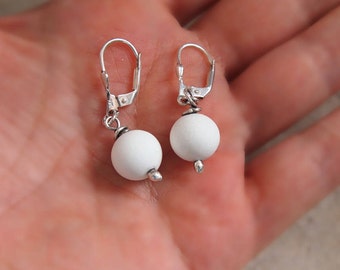 Gemstone Sterling Silver Earrings, White Ball Drop Earrings, Natural Meerschaum / Sepiolite Gemstone