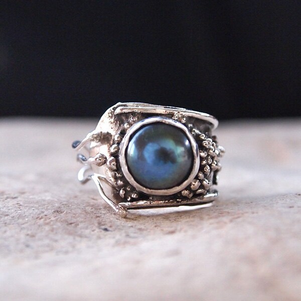 Granulated Sterling Silver Ring with Black / Dark Blue Pearl - One of A Kind - Handmade- Adjustable / Open - From Size 5 to Size 10