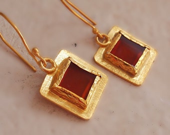 Gold Carnelian Earrings, Dangle, Gemstone Jewelry, Brown Orange Square Stone, Gold Plated on Sterling Silver
