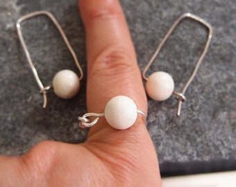 White Jewelry, Minimalist Silver Ring and Hoop Earrings with White Gemstone