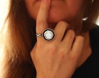 Oxidized Silver Ring with Pearl, Sterling Silver Asymmetrical Ring