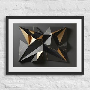 Könnte beinhalten: Abstrakter geometrischer Kunstdruck in einem schwarzen Rahmen. Das Kunstwerk zeigt ein 3D-Design mit schwarzen, goldenen und grauen geometrischen Formen. Die Formen sind in einem Sternmuster angeordnet und schaffen eine moderne und stilvolle Ästhetik.