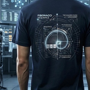 Può includere: T-shirt blu navy con un design grafico dettagliato sul retro. Il design include il testo "FIBONACCI SEQUENCE" e "THE GOLDEN RATIO", insieme a un diagramma della sequenza di Fibonacci. La maglietta è a maniche corte.