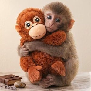 May include: A baby monkey hugs a plush toy monkey. The plush toy is brown with a tan face and large eyes. The real monkey has brown fur and is embracing the toy. A small book, a stone, and lavender sprigs are on the surface.