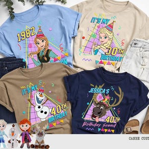 May include: Four t-shirts with birthday-themed designs. One light blue shirt features the number "1982" and a cartoon character. A tan shirt says "It's My 30th Birthday" with a cartoon character. A brown shirt says "It's My 40th Birthday" with a cartoon character. A navy blue shirt says "Jessica's 40th Birthday Squad".