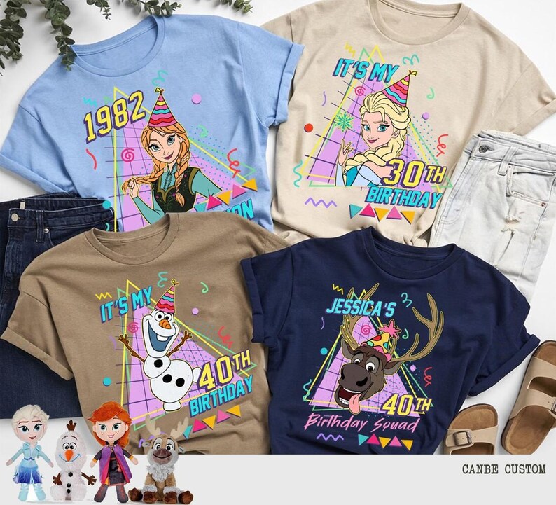 May include: Four t-shirts with birthday-themed designs. One light blue shirt features the number "1982" and a cartoon character. A tan shirt says "It's My 30th Birthday" with a cartoon character. A brown shirt says "It's My 40th Birthday" with a cartoon character. A navy blue shirt says "Jessica's 40th Birthday Squad".