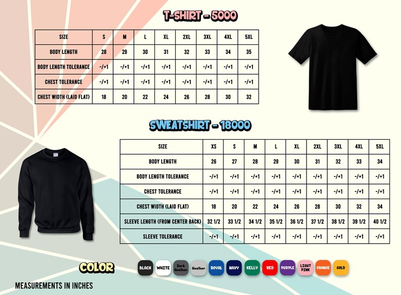 May include: A black t-shirt and a black sweatshirt are displayed, along with size charts for both. The charts show measurements in inches for body length, chest width, and sleeve length, with color options listed below.