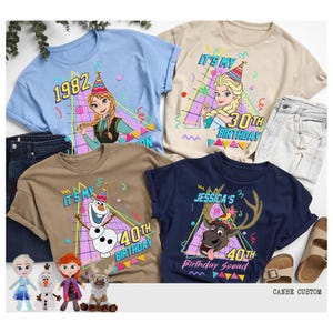 May include: Four t-shirts with cartoon characters and birthday themes. The shirts are light blue, tan, brown, and navy blue. Each shirt has a different design, including the text "1982", "30th Birthday", and "40th Birthday".