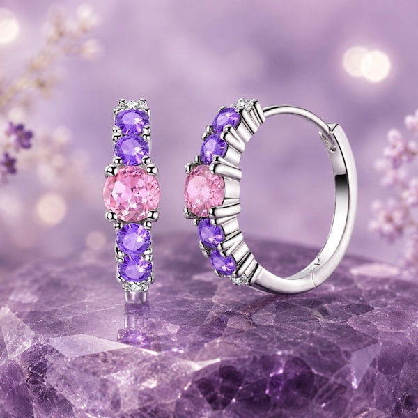 925 Sterling Silver Purple Amethyst Huggie Hoop Earrings, Elegant Violet Gemstone Earrings, Gift for Women, Birthday Gift for Her