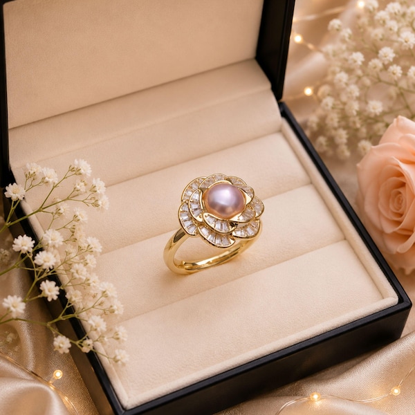 Adjustable Freshwater Pearl Ring in 925 Sterling Silver – Pink White Pearl Jewelry for Women