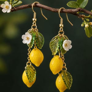 May include: A pair of gold-tone drop earrings featuring dangling yellow lemon charms, translucent green glass leaves, and small white flower accents. The earrings are suspended from gold-tone fishhook wires, creating a botanical design.