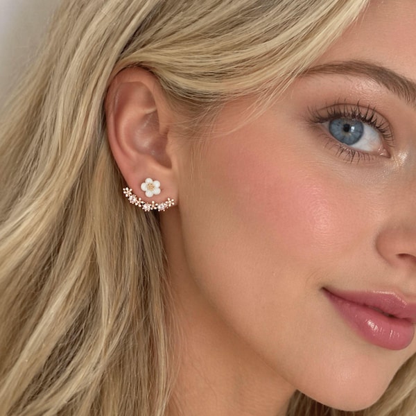 Korean Crystal Flower Earrings, Rhinestone Leaf Studs, Rose Gold Floral Jewelry, Cute Gift for Women, Bridal Party Earrings,, 925 Silver