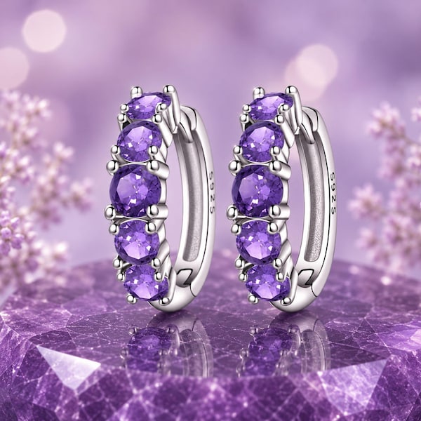 925 Sterling Silver Purple Amethyst Huggie Hoop Earrings, Elegant Violet Gemstone Earrings, Gift for Women, Birthday Gift for Her