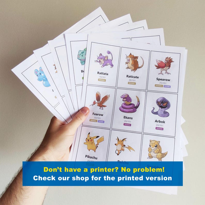 May include: A hand holding a stack of printed cards featuring cartoon characters. The cards display various characters with their names and numbers. A blue banner at the bottom reads, "Don't have a printer? No problem! Check our shop for the printed version."