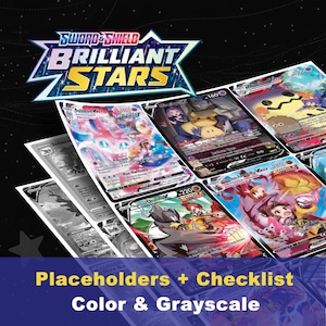 May include: A collection of Pokémon trading cards, including a Sylveon V card, with the "Sword & Shield Brilliant Stars" logo at the top. The image also includes the text "Placeholders + Checklist Color & Grayscale".