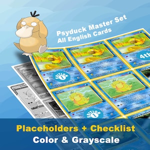 Puede incluir: Una colección de cartas coleccionables Pokémon Psyduck, con el personaje amarillo con forma de pato. Las cartas tienen bordes azules y el texto "Psyduck Master Set All English Cards". Algunas cartas son en color, otras en escala de grises.