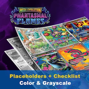 Megaevolución: marcadores de posición de Llamas Fantasmales, conjuntos completos y maestros, insertos de Pokémon imprimibles y lista de verificación incluida.