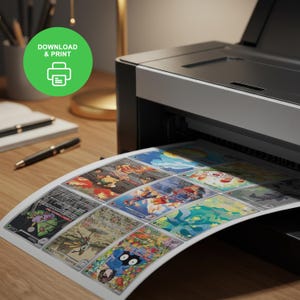 May include: A printer is shown printing a sheet of colourful trading cards. The cards feature various illustrations and designs. A green circle with the words "DOWNLOAD & PRINT" and a printer icon is in the upper left corner.
