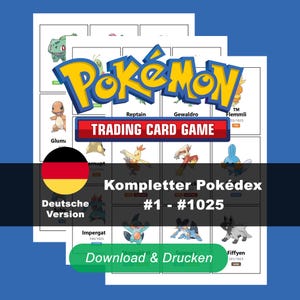 Könnte beinhalten: Mehrere bedruckte Blätter mit Pokémon-Charakteren und dem Text "Pokémon Trading Card Game". Die Blätter enthalten die deutsche Flagge, die Worte "Deutsche Version" und den Satz "Download & Drucken."