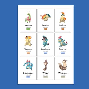 Op de afbeelding: Een wit vel met negen ge&iuml;llustreerde Pok&eacute;mon-kaarten. Elke kaart toont een ander Pok&eacute;mon met zijn naam, nummer en type. De Pok&eacute;mon zijn in verschillende kleuren, waaronder groen, oranje en blauw.