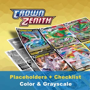 Puede incluir: Una colección de cartas coleccionables Pokémon "Crown Zenith", con ilustraciones vibrantes de varios personajes Pokémon. Las cartas muestran una mezcla de colores, incluyendo verde, azul y blanco, con algunas en escala de grises. La imagen también incluye el texto "Placeholders + Checklist Color & Grayscale".