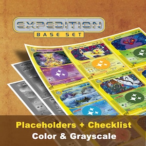 May include: A collection of Pokemon trading cards from the Expedition Base Set, featuring various characters and designs. The cards are displayed with a yellow border and include text such as "Alakazam" and "Blastoise." The image also includes grayscale placeholders and a checklist.