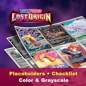 Könnte beinhalten: Eine Sammlung von Pokémon-Sammelkarten aus dem Set "Schwert & Schild: Lost Origin". Die Karten zeigen verschiedene Pokémon-Charaktere, darunter Giratina V, Pidgeot V und Goudra V, in Farb- und Graustufen-Designs. Der Text "Placeholders + Checklist Color & Grayscale" ist ebenfalls zu sehen.