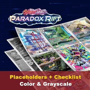 Op de afbeelding: Een verzameling Pokémon-ruilkaarten met verschillende personages en ontwerpen. De kaarten worden in kleur en grijstinten weergegeven, met het "Scarlet & Violet Paradox Rift"-logo bovenaan. Tekst op de kaarten bevat karakternamen en speld details.