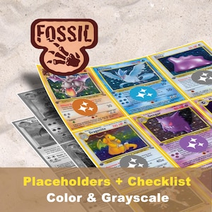 Könnte beinhalten: Eine Sammlung von Pokémon-Sammelkarten, darunter eine Dragonite-Karte, mit einem "Fossil"-Logo. Die Karten sind in Farbe und Graustufen, mit dem Text "Placeholders + Checklist Color & Grayscale" unten.