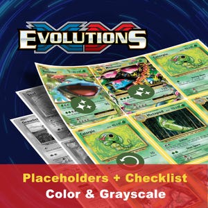Puede incluir: Un conjunto de cartas coleccionables Pokémon Evolutions, con Venusaur, Caterpie y Metapod. Las cartas están en color y escala de grises, con el logo de Evolutions en la parte superior. También se incluye el texto "Placeholders + Checklist Color & Grayscale."