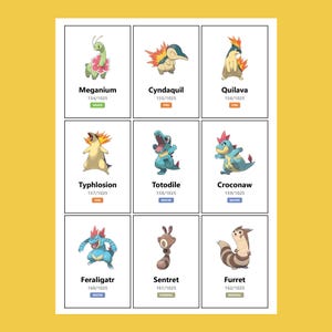 May include: Nine trading cards featuring colorful illustrations of various Pok&eacute;mon characters. Each card displays the Pok&eacute;mon's name, number, and type. The cards are arranged in a grid on a yellow background.