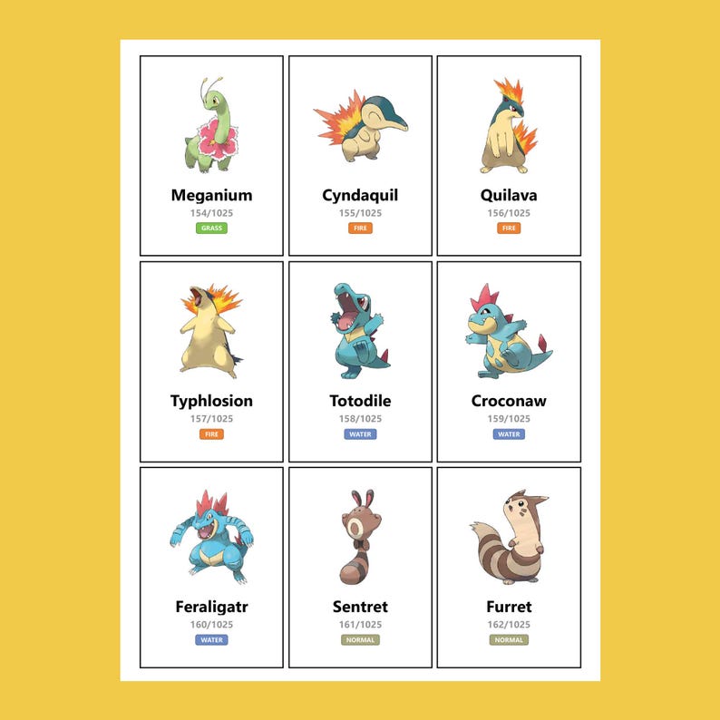 May include: Nine trading cards featuring colorful illustrations of various Pok&eacute;mon characters. Each card displays the Pok&eacute;mon's name, number, and type. The cards are arranged in a grid on a yellow background.