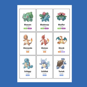 Op de afbeelding: Negen ruilkaarten met kleurrijke Pok&eacute;mon-personages. De kaarten tonen Bisasam, Bisaknosp, Bisaflor, Glumanda, Glutexo, Glurak, Schiggy, Schillok en Turtok. Elke kaart heeft de naam, het nummer en het type van de Pok&eacute;mon.