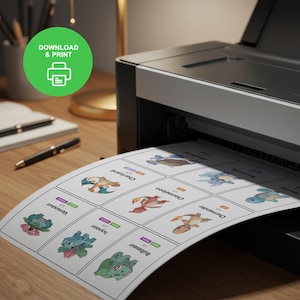 May include: A printer is shown printing a sheet of paper with colorful cartoon character cards. The cards have character names and images. A green circle with the words "DOWNLOAD & PRINT" and a printer icon is in the upper left corner.
