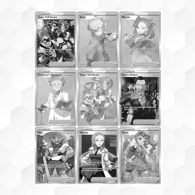 Puede incluir: Una colecci&oacute;n de nueve cartas coleccionables Pok&eacute;mon en escala de grises dispuestas en una cuadr&iacute;cula de tres por tres. Cada carta presenta una ilustraci&oacute;n de personaje, la palabra Trainer arriba y texto sobre sus habilidades.