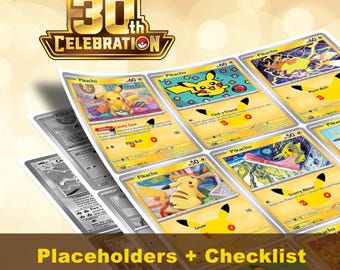 Puede incluir: Una colección de cartas coleccionables de Pikachu con versiones en color y en escala de grises. La parte superior de la imagen muestra un logotipo dorado de 30th Celebration. El texto inferior dice Placeholders + Checklist Color & Grayscale.