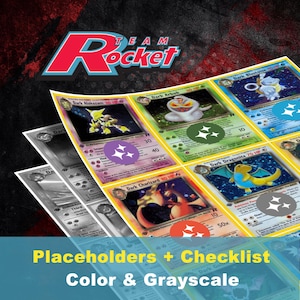 Może przedstawiać: Kolekcja kart kolekcjonerskich Pokémon z postaciami takimi jak Dark Alakazam, Dark Arbok i Dark Charizard. Karty są wyświetlane w kolorze i skali szarości, z logo Team Rocket u góry. Tekst na dole brzmi "Placeholders + Checklist Color & Grayscale."