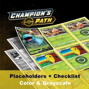 May include: A collection of Pokémon trading cards, including a Venusaur V card, with the "Champion's Path" logo at the top. The image also includes a checklist and the text "Placeholders + Checklist Color & Grayscale."
