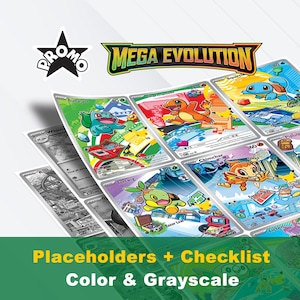 Puede incluir: Una colección de cartas coleccionables de Pokémon, algunas en color y otras en escala de grises. Las cartas presentan varios personajes Pokémon, incluyendo Bulbasaur, Charmander y Squirtle. El texto "MEGA EVOLUTION" se muestra en la parte superior, con "PROMO" y "Placeholders + Checklist Color & Grayscale" también visibles.