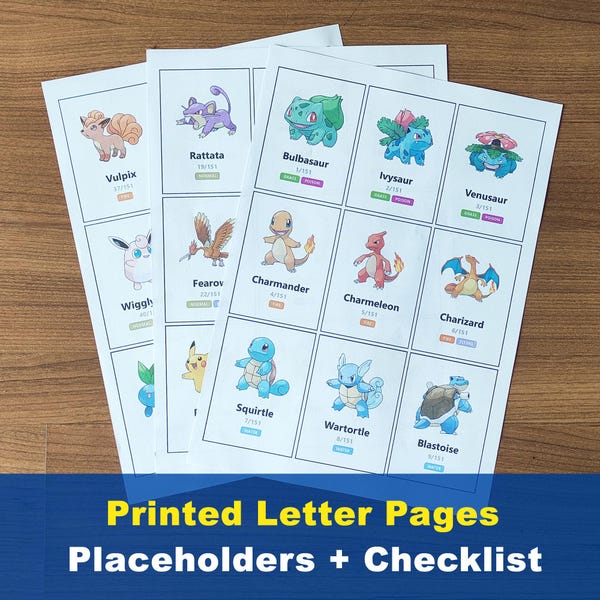 Plantillas para carpeta de Pokémon, Pokédex completa 1-1025 + lista de verificación, páginas preimpresas tamaño carta.