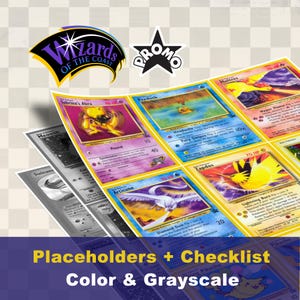 May include: A collection of Pokémon trading cards, featuring colorful illustrations of various characters. The cards are displayed alongside a grayscale version and a checklist. The image includes the Wizards of the Coast and Promo logos.