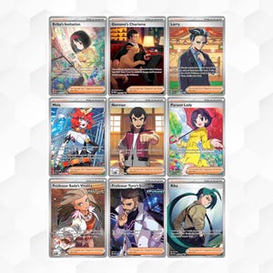 Puede incluir: Nueve cartas coleccionables con ilustraciones de personajes. Las cartas presentan nombres como "Erika's Invitation", "Giovanni's Charisma" y "Larry". Cada carta tiene un dise&ntilde;o &uacute;nico y un retrato de personaje. Tarjetas rectangulares con acabado brillante, fondo gris claro.