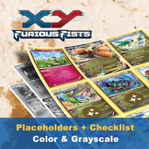 May include: A selection of Pokémon trading cards, showcasing diverse characters and designs. The cards are presented in both colour and grayscale, with the "XY Furious Fists" logo at the top. The image includes text that says "Placeholders + Checklist Color & Grayscale".