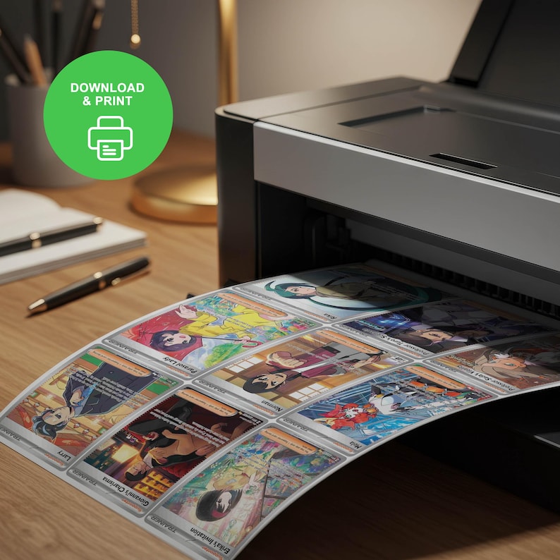 Puede incluir: Una impresora imprime una hoja de cromos coloridos. Las cartas presentan varios personajes de estilo anime. Un c&iacute;rculo verde con las palabras "DOWNLOAD & PRINT" y un icono de impresora se encuentra en la esquina superior izquierda.